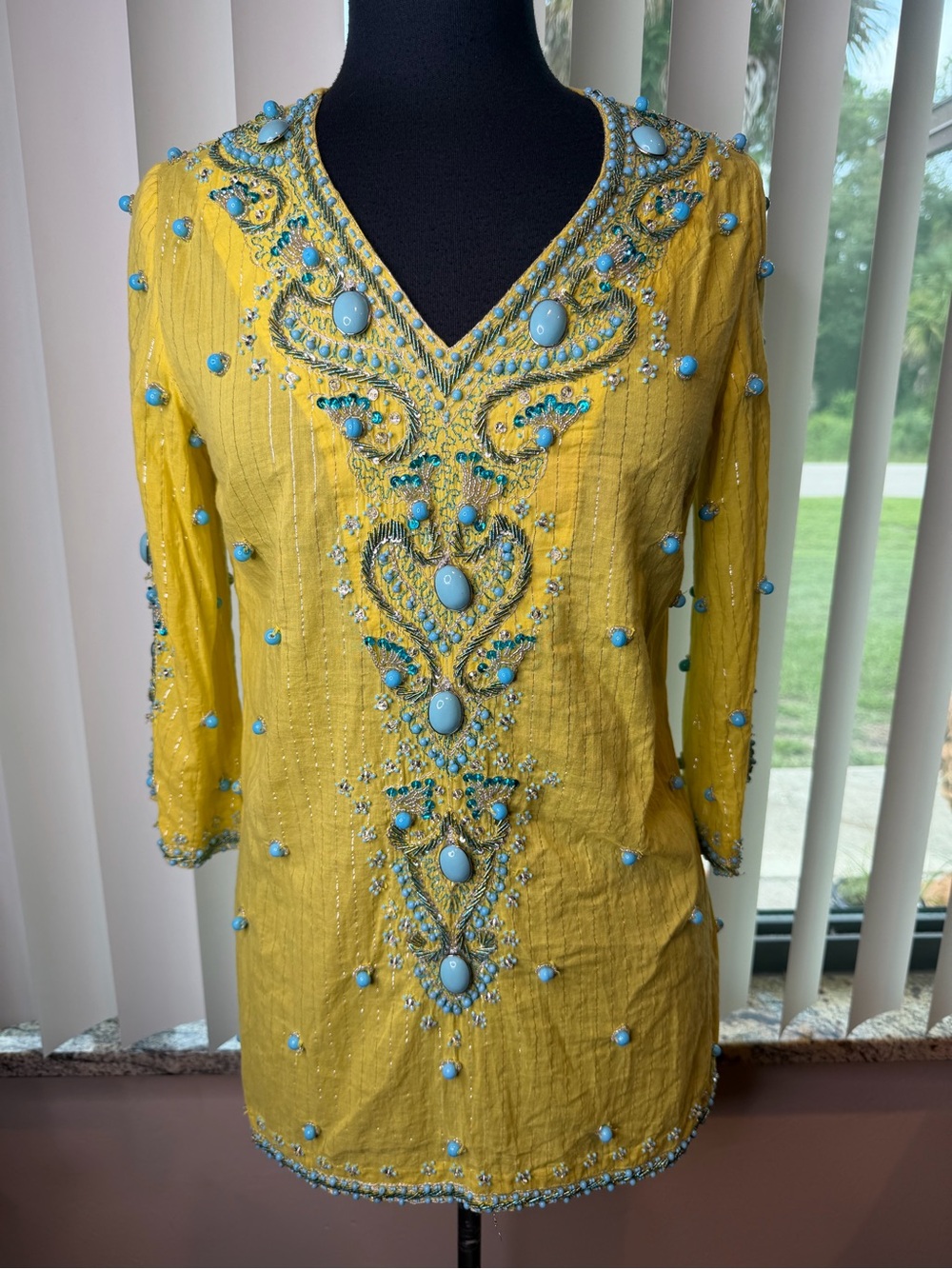Boston Proper tunic top yellow fabric  turquoise beading embellishments Size XS